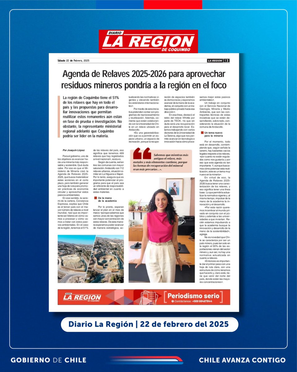 Coquimbo la región con más depósitos de relaves en Chile. La Agenda de Relaves 2025-2026, liderada por el Ministerio de Minería, busca mejorar su gestión de manera sostenible. Seremi de Minería, Constanza Espinosa, resaltó su importancia para la calidad de vida de los habitantes