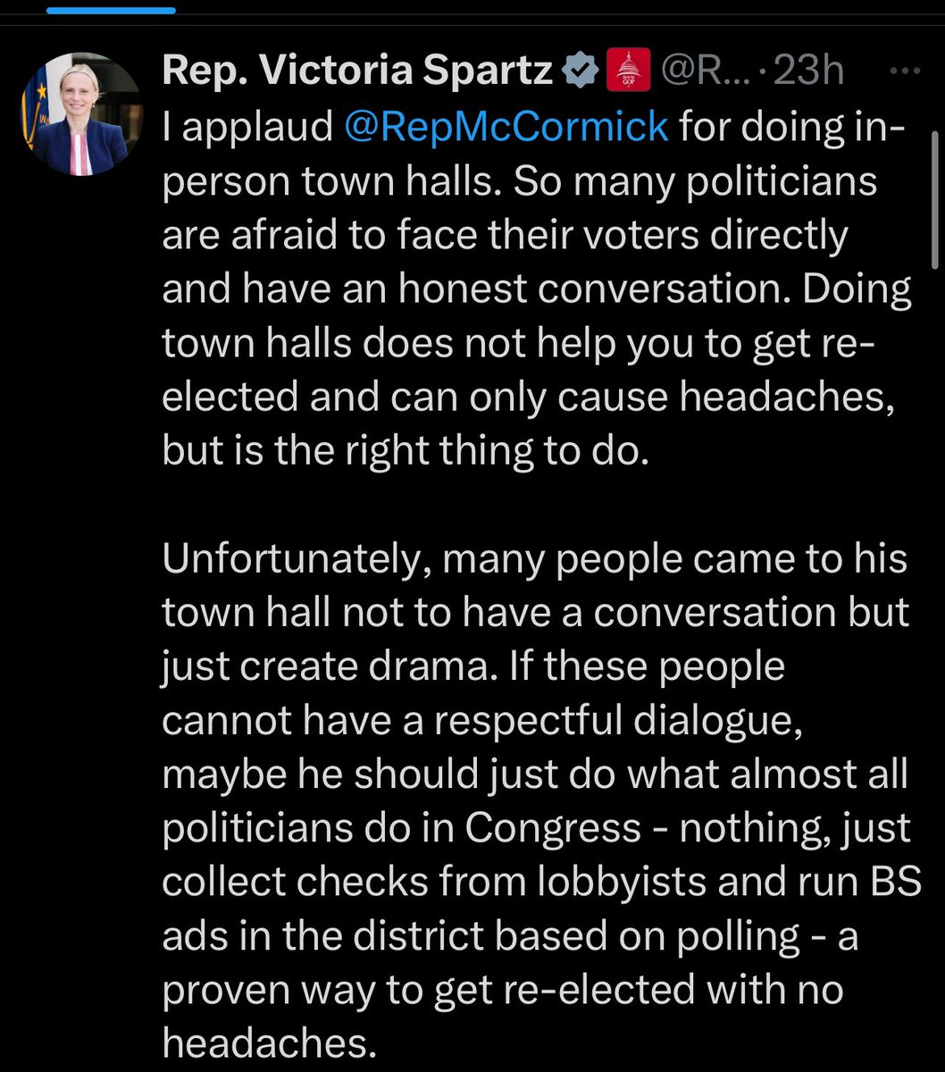 NEWS: Congressman Decries Opposition Speech from Voters

CARMEL—Rep. Victor(ia?) Spartz - R (Russia), called for elected representatives to end contact with non-compliant voters. The Soviet-born Spartz regrets the precarious survival of the 1st Amendment. #CarmelIN #Indiana #Indy