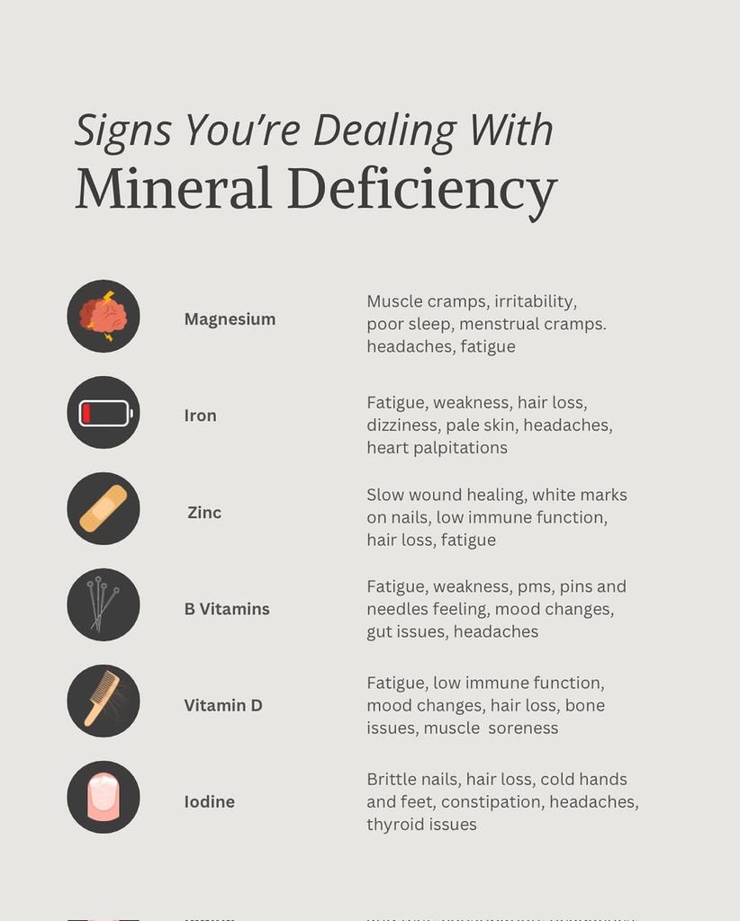 Did you know that mineral imbalances could be at the core of many common symptoms? 🤯

Fatigue, muscle cramps, hair loss, and even mood changes might be signs that your body is running on empty. Minerals are essential to almost every bodily function—energy production, immune