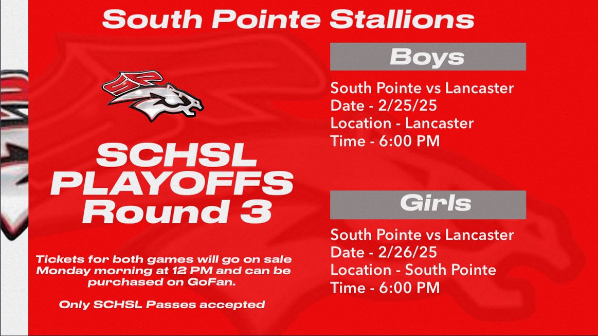 Tuesday will kick off the 3rd round of the #SchslPlayoffs at Lancaster! 

#SouthPointeBasketball