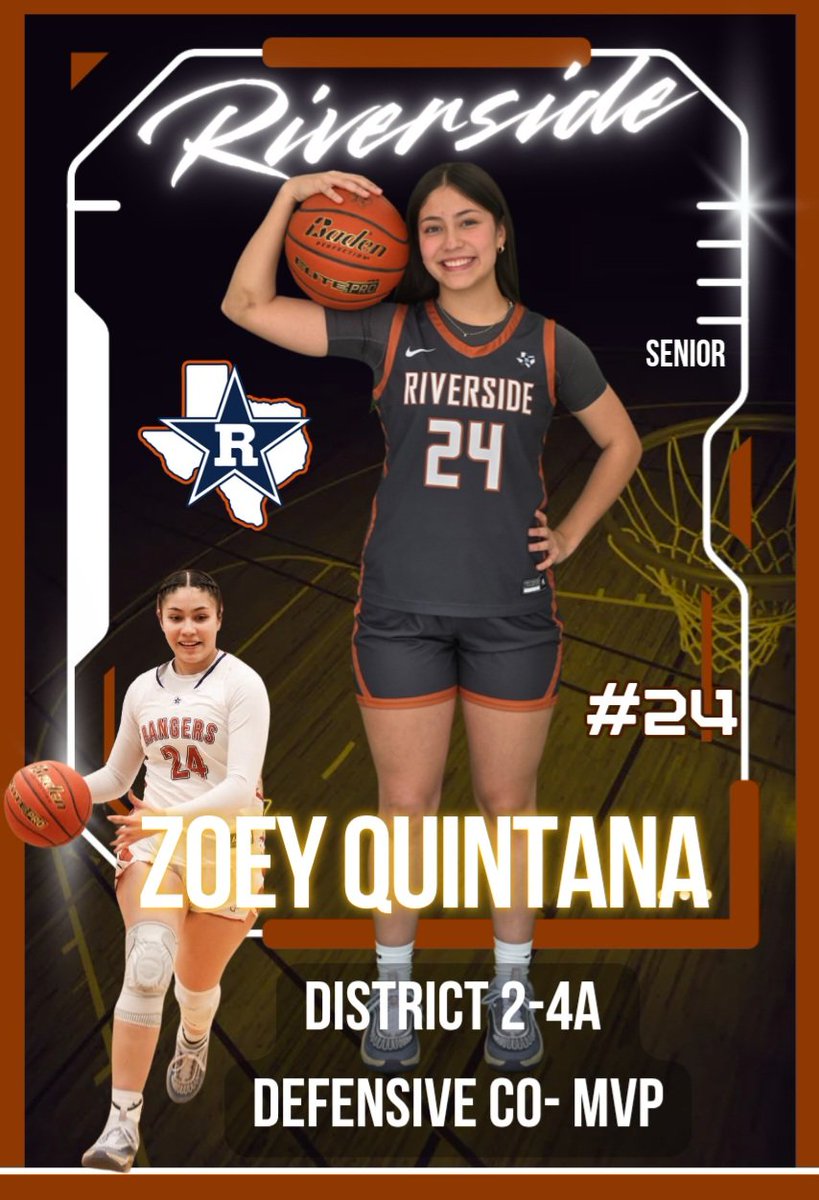 Congratulations to <a href="/riversidebball1/">Lady Ranger Basketball</a> Senior <a href="/zoeyquintana/">zoey quintana</a> for being selected the District 2-4A Co-Defensive MVP. We are proud of you Zoey! Go Rangers! <a href="/YISDAthletics1/">YISD Athletics</a>
<a href="/Ranger_StuCo/">RangerStuCo</a> <a href="/vlara_82/">Victor A. Lara</a> <a href="/Riverside_4ever/">Riverside_Rangers</a> <a href="/Daniel_Chavez08/">Daniel Chavez</a> <a href="/Fchavezeptimes/">Felix Chavez</a>