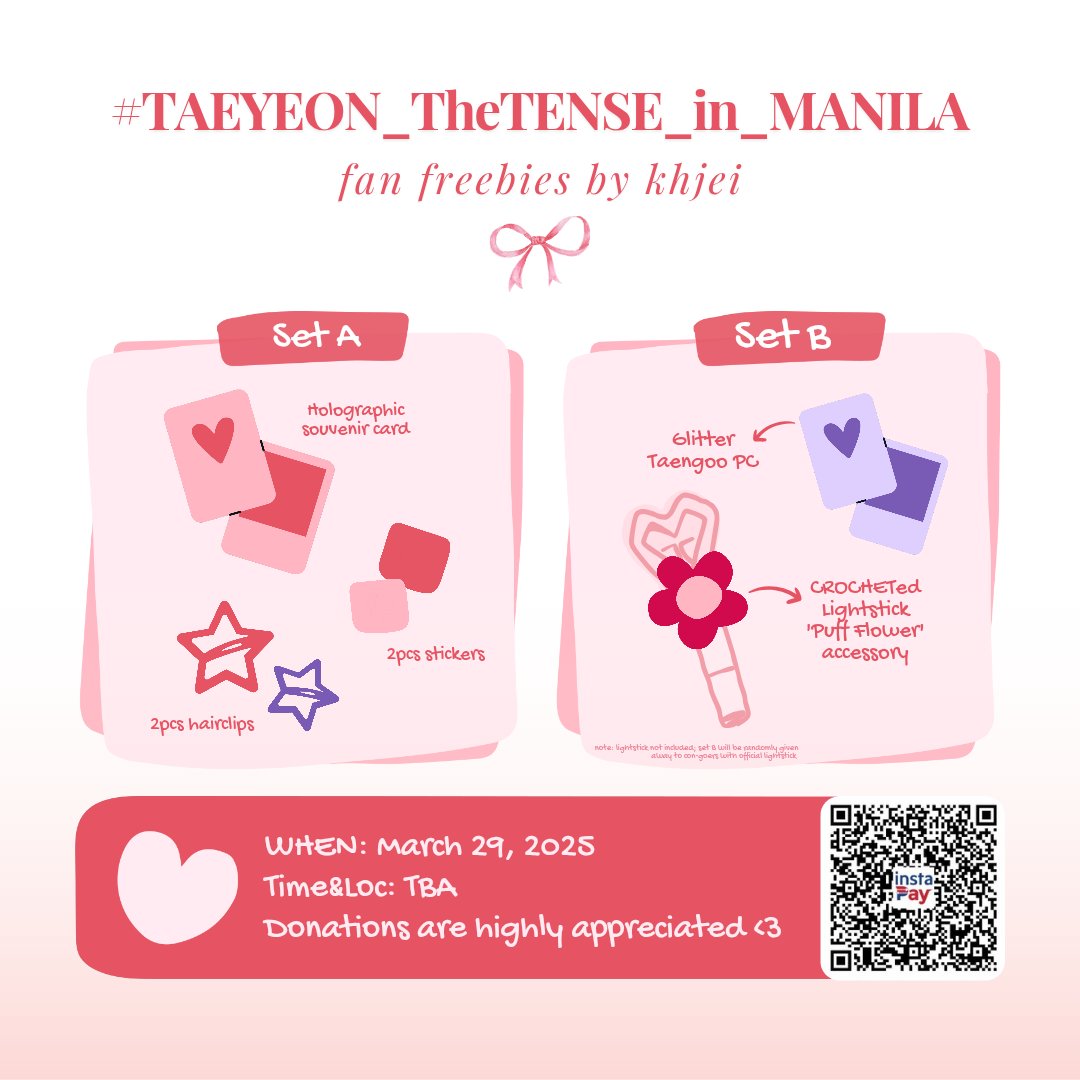 khjei_'s tweet photo. Fan freebies for #TAEYEON_TheTENSE_in_MANILA
No mechanics! Just find me on D-day 🫶

Ps. Lmk if you've d0nated (any amount will do! Don0r(s) will receive a special freebie pack 🤍 https://t.co/yyF6HybXcq