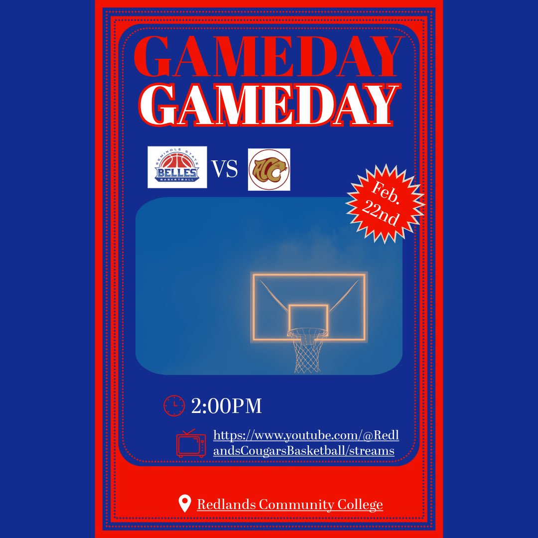 GAMEDAYYY!!!

Vs Redlands Community College

⏰ 2:00pm

📺 m.youtube.com/@RedlandsCouga…

📍 Redlands Community College