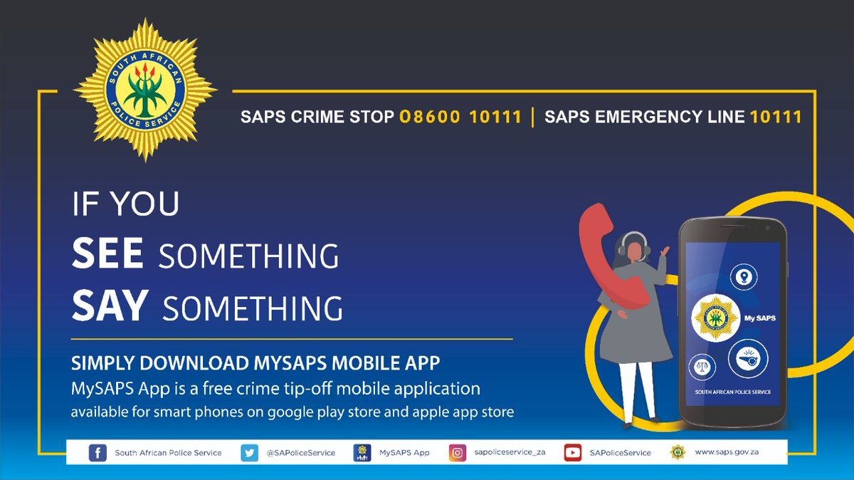 SAPoliceService's tweet image. #sapsFAQ Answers to FAQs about #CrimeStop&apos;s 24/7 anonymous #TipOff line. Report criminal or suspicious activities. Dial 08600 10111, choose OPTION 2 or hold for an operator. For emergencies, ALWAYS call 10111. #ReportCrime #EyesAndEars ME
saps.gov.za/crimestop/cs_q…