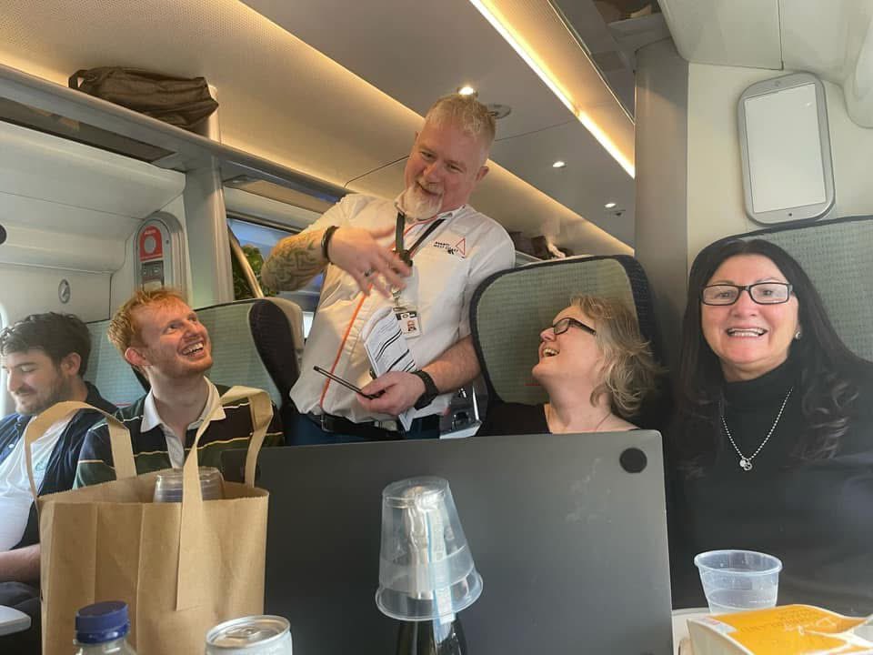 cherryaimless's tweet photo. Having a rugby party on the train! Looks like an ad for @AvantiWestCoast #WALIRE #m6nations2025 https://t.co/WvTPA21Gfp