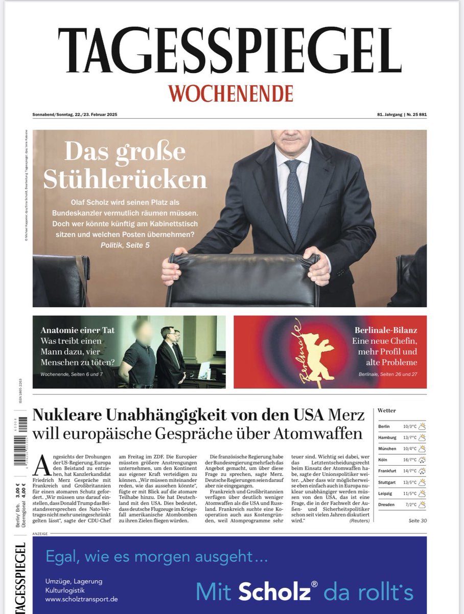 pthibaut's tweet photo. La société de déménagement qui porte le nom du chancelier en train de ranger son fauteuil en profite pour faire sa pub en bas de page : „quels que soient les résultats demain, avec Scholz ça roule“ https://t.co/Z7gl6ousRG