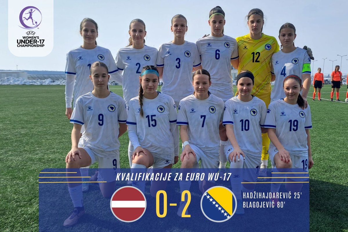 U-17 reprezentativke Bosne i Hercegovine pobijedile su danas u Bukureštu Latviju sa 2:0 u susretu drugog kola grupe B4 druge runde kvalifikacija za Evropsko prvenstvo.

Na tabeli naša selekcija ima 3 boda, koliko i domaćin turnira Rumunija, dok je Latvija bez bodova.