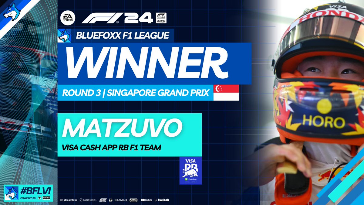 SS_Bluefoxx's tweet photo. IT'S A MAIDEN WIN FOR @MatZuvO in BFLVI! 🇸🇬

After stewards review, he inherits his first win in the Singapore GP Feature Race, cementing P2 in the Championship! GG!

#F1 #F1Esports #F1SimRacing #BFL #BFLVI #streamer #content #smallstreamer #twitchstreamer #twitchstreaming #motorsport #racing