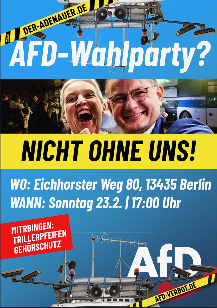 politicalbeauty's tweet photo. Viele fragen, wo die AfD-Wahlparty morgen in der Hauptstadt stattfindet und ob sie ohne die Zivilgesellschaft stattfinden muss. Gottseidank gibt es die AI – die Adenauer Intelligence. Bringt alles mit, was Lärm macht. https://t.co/SefPD3UpdO