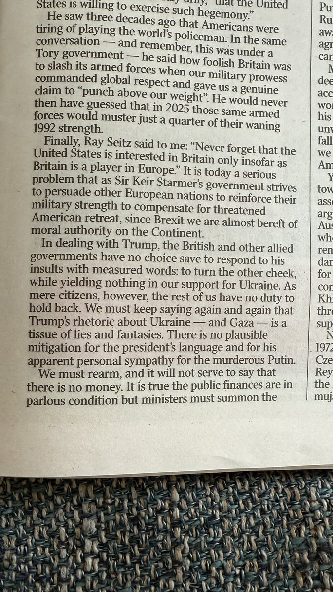 tonyroe's tweet image. We must keep saying again and again that Trump&apos;s rhetoric about Ukraine — and Gaza — is a tissue of lies and fantasies. There is no plausible mitigation for the president&apos;s language and for his apparent personal sympathy for the murderous Putin.
👏🏼Max Hastings in @thetimes