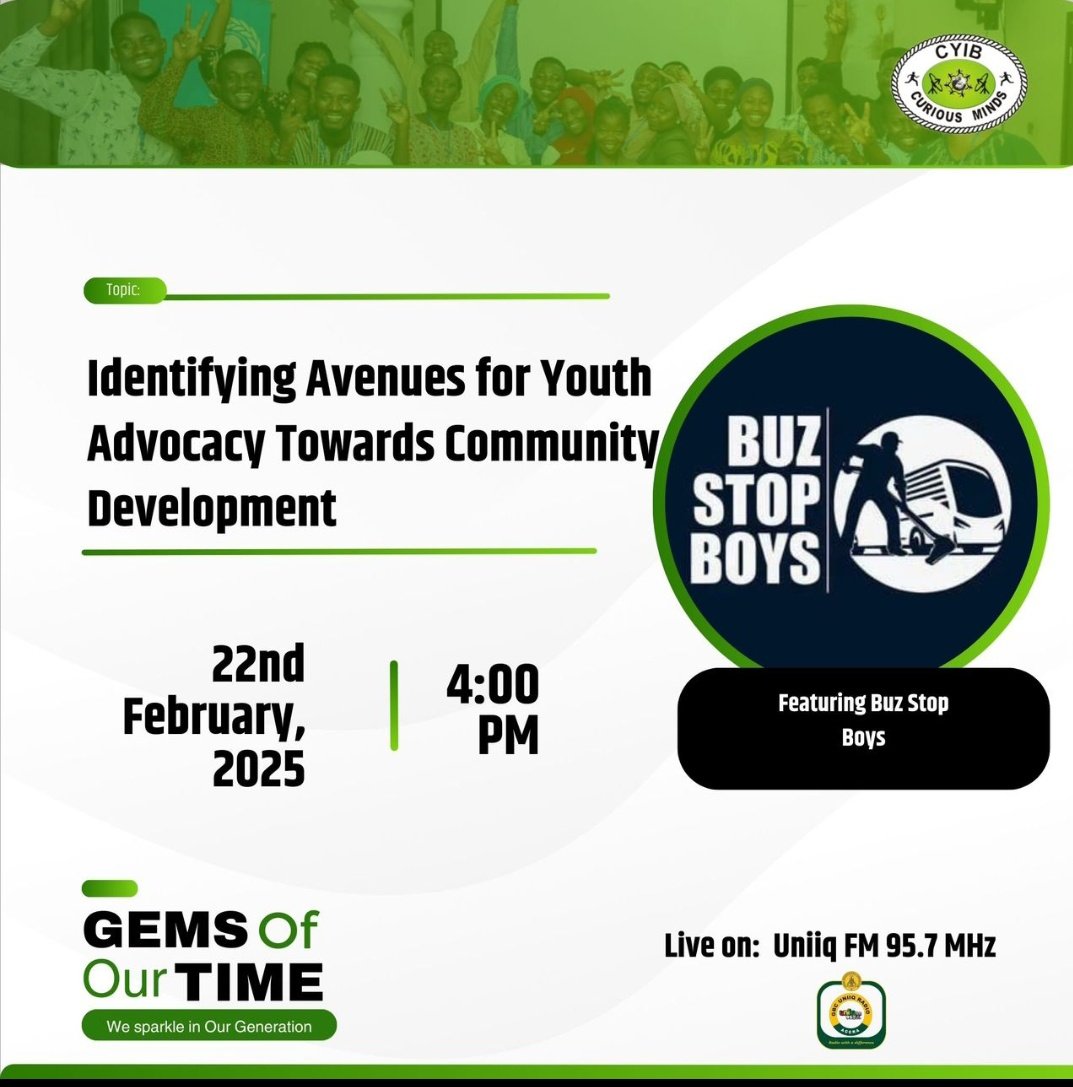 Guess where the great bus is stopping this afternoon. Right on your dial <a href="/uniiqfm957/">GBCUniiqFM957</a> @thegbcghana on #GemsOfOurTime @ 4pm. The Buzstop boys will be parking the bus here as we look at youth making a difference in aid of #Sanitation &amp; #Development.
Don't miss #CuriousMinds 
#SDGs