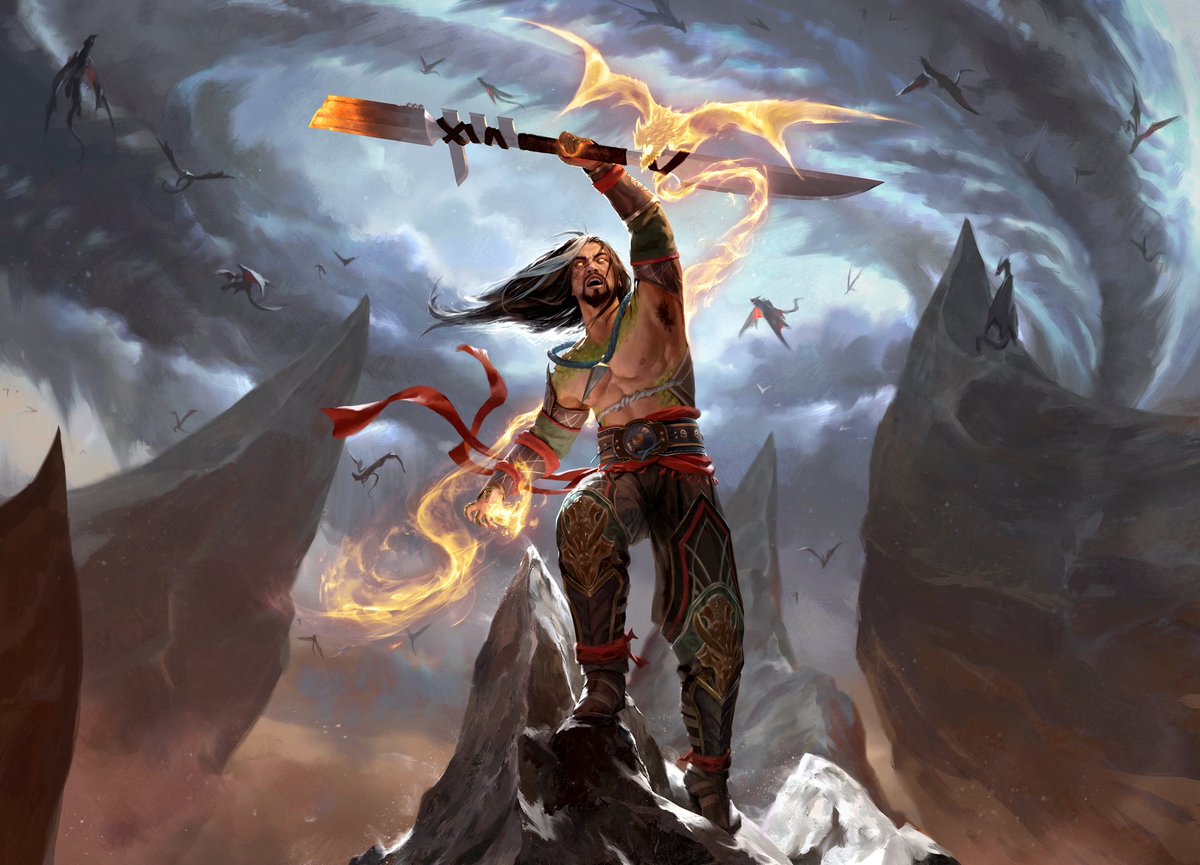 Sarkhan, Dragon Ascendant.
for MTG Tarkir: Dragonstorm.
AD: Ovidio Cartagena.

Here's a fun one. Sarkhan! Still a dragon enthusiast, now with an updated design. He's ready to join the other dragons flying in the background. 😁