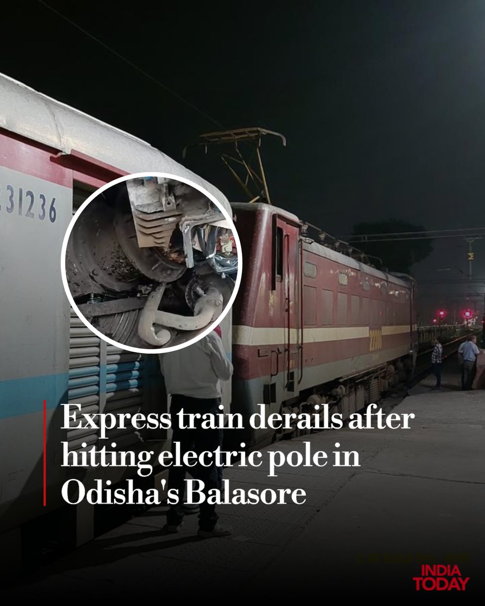IndiaToday's tweet image. A Chennai-bound express train derailed in Odisha's Balasore district after it hit an electric pole on Saturday. No casualties have been reported so far, South Eastern Railway (SER) Chief Public Relations Officer (CPRO) Om Prakash Charan said.

Read: intdy.in/4oetrk