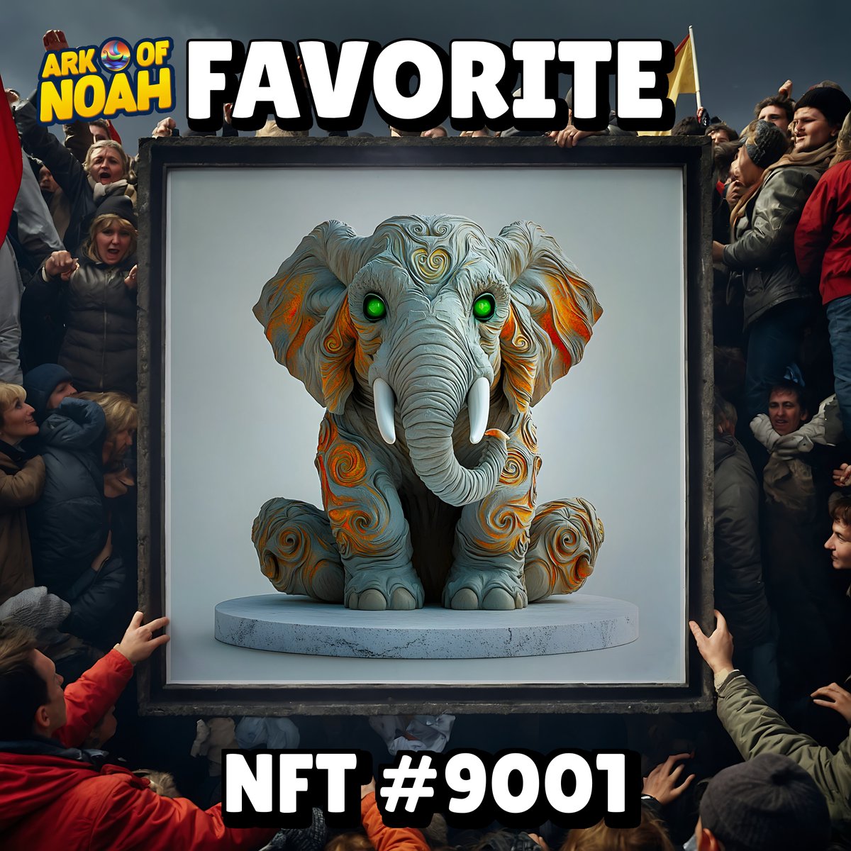 CreatorNoahThe's tweet image. 73 yrs young &amp;amp; still hustling crypto magic. Peep my NFT crown: Swirling skin #9001 Elephant, Chartreuse glow on a flat limestone disk with green eyes blasting pure alpha vibes on Solana. Lock this gem before the next digi bullrun on gmaildown. 📈🚀 #CryptoArt #SolanaS #ARKOFNOAH