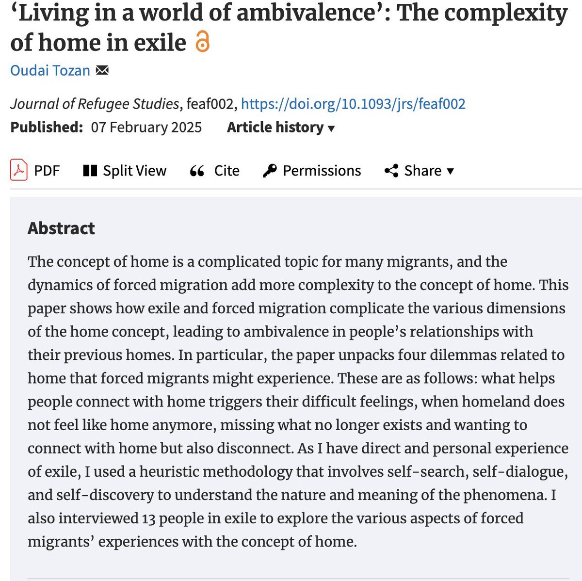 Syrian Academics & Researchers Network- UK (@syrianacademics) on Twitter photo A new paper by SARN member, Dr <a href="/OudaiTozan/">Oudai Tozan</a>, on the complexity of home in exile, published in the Journal of Refugee Studies. In this paper, Oudai delves into the ambivalence of exiles and highlights 4 dilemmas they encounter. To read: doi.org/10.1093/jrs/fe… A new paper by SARN member, Dr <a href="/OudaiTozan/">Oudai Tozan</a>, on the complexity of home in exile, published in the Journal of Refugee Studies. In this paper, Oudai delves into the ambivalence of exiles and highlights 4 dilemmas they encounter. To read: doi.org/10.1093/jrs/fe…
