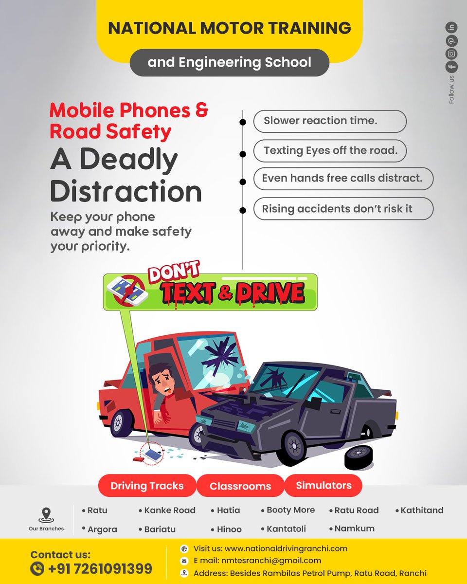 NationalMotor24's tweet photo. A second on your phone can cost a life. Texting, calls—even hands-free—distract you from the road. Don’t take the risk, keep your eyes on the drive!
👉 Follow us for more safety tips!
📞 +917261091399 | 🌐 https://t.co/j3YPJUVrZ6
-
#EyesOnTheRoad #NoPhoneWhileDriving #DriveSafe https://t.co/cI0zrGx2bR