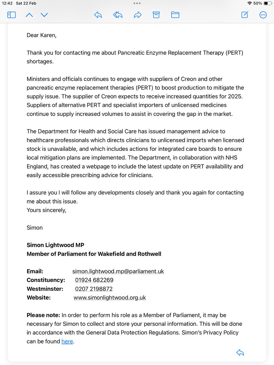 Had a reply from my MP ⁦<a href="/simonlightwood/">Simon Lightwood MP</a>⁩ Sadly nothing I don’t already know, I’ve even tried the ‘specialist importers’. Managed 4 tubs this week after driving 35 miles on a tip off from another patient. Apparently the latest excuse is that the pigs are too lean😂