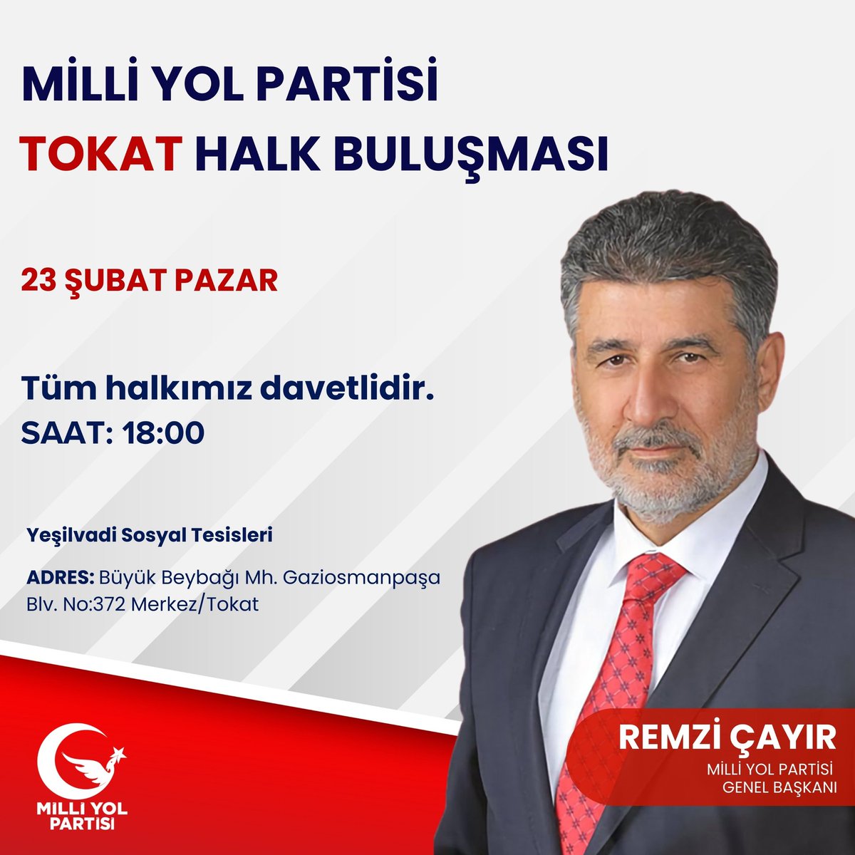 Genel Başkanımız Sayın Remzi ÇAYIR;
 <a href="/remzicayirTR/">Remzi Çayır</a> 

23 Şubat pazar günü Tokat'a geliyor.
Tüm halkımız davetlidir. 

Saat:18:00
