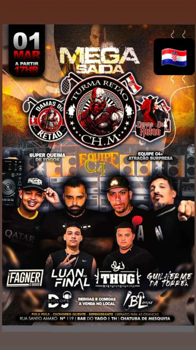 MEGA SAÍDA DA TURMA RETÃO 🐺🎌🇭🇷

01 DE MARÇO: APARTIR DE 17:00 HRS 

SUPER QUEIMA DE FOGOS 🎆🎇
EQUIPE DE SOM + ATRAÇÕES 
VARIOS DJS ✅
BEBIDAS A VENDA NO LOCAL

RUA : SANTO AMARO 119 - CHATUBA DE MESQUITA 

LIBERADO : REFRIGERANTE+ CACHORRO QUENTE E PULA PULA PARA AS CRIANÇAS