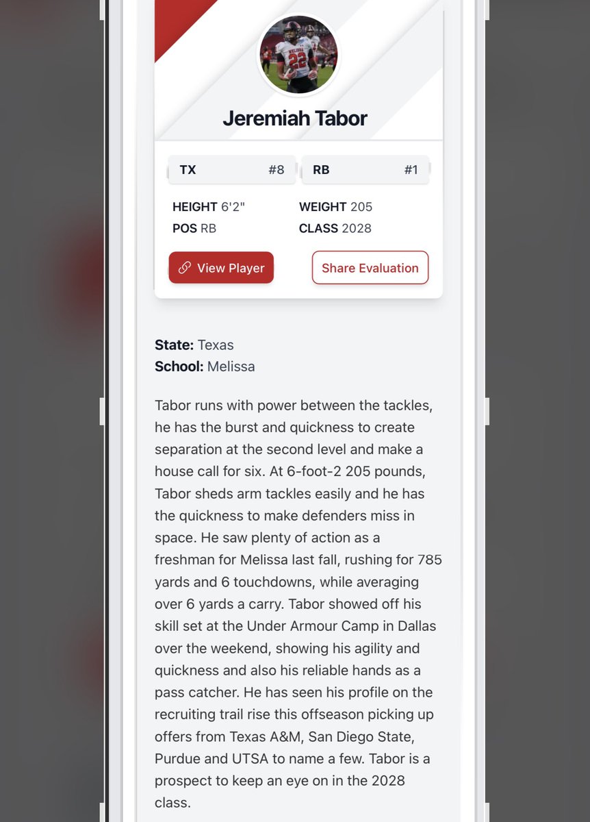 Jeremiah “Bear” Tabor ‘28 (@beartabor22) on Twitter photo Thank you for the write up <a href="/Marchen44/">On Da Marc Sports🏈</a> 🙏🏽 I grew a lot this season but this offseason is about adjusting and getting better, faster, and stronger mentally and physically‼️
<a href="/MCardsRecruits/">Melissa Cardinals FB Recruiting</a> <a href="/CoachTScoggin/">Christian Tyler Scoggin</a> <a href="/CoachPhelps11/">Christopher Phelps</a> <a href="/coachpspeed/">Coachpspeed</a> <a href="/PrepRedzoneTX/">Prep Redzone Texas</a> <a href="/GPowersScout/">Greg Powers 🏟️</a> <a href="/adamgorney/">Adam Gorney</a> Thank you for the write up <a href="/Marchen44/">On Da Marc Sports🏈</a> 🙏🏽 I grew a lot this season but this offseason is about adjusting and getting better, faster, and stronger mentally and physically‼️
<a href="/MCardsRecruits/">Melissa Cardinals FB Recruiting</a> <a href="/CoachTScoggin/">Christian Tyler Scoggin</a> <a href="/CoachPhelps11/">Christopher Phelps</a> <a href="/coachpspeed/">Coachpspeed</a> <a href="/PrepRedzoneTX/">Prep Redzone Texas</a> <a href="/GPowersScout/">Greg Powers 🏟️</a> <a href="/adamgorney/">Adam Gorney</a>