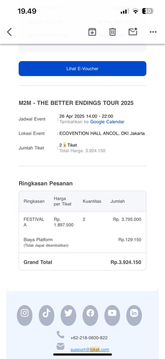 Guys aku ada 2 tiket m2m di festival a, mau dijual 2-2nya gabisa satuan. Ada yang berniat nonton dan blm ada tiket kah? Kasih tau aku ya. Harga belinya segini. Boleh nego dikit bgt bgt. Aku gajadi pergi karena partnerku hamil.
