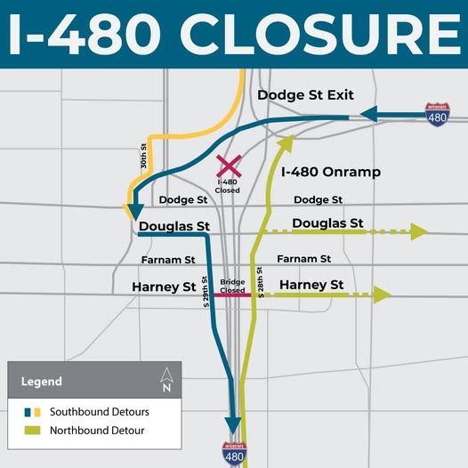 Traffic alert: Interstate 480 is now closed for the weekend for the demolition of the Harney St. bridge. Northbound 480 drivers can exit at Harney St., take 28th St. north and re-enter 480 at Dodge Street.  The interstate will reopen by 6:00am Monday February 24.