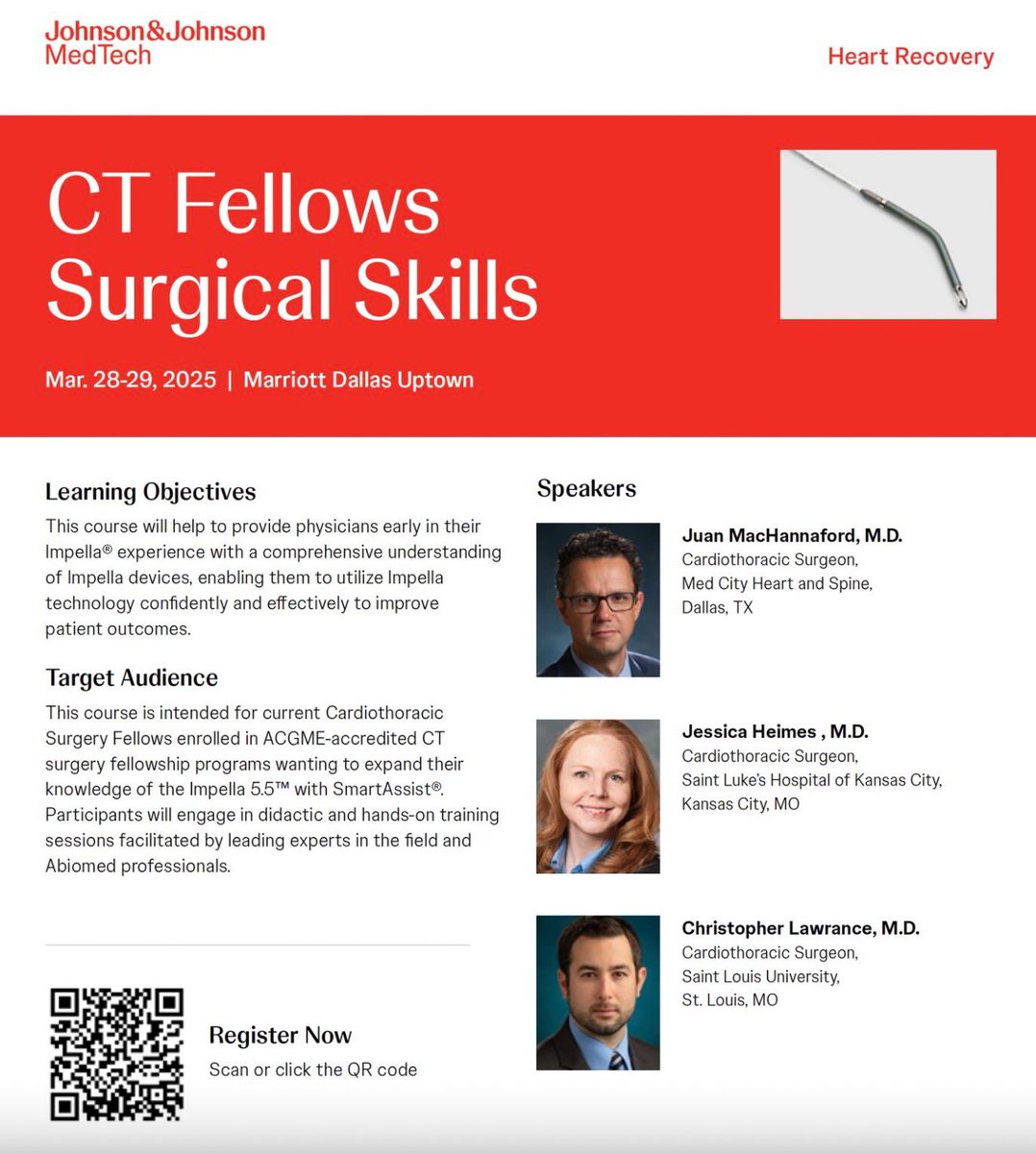Join us in Dallas Texas for an exclusive Surgical Fellows Program hosted by Abiomed, Johnson &amp; Johnson MedTech. Learn from top CV surgeons dedicated to putting #PatientsFirst and pushing the boundaries of MCS survival.
Secure your spot now: lnkd.in/gBkx3wE8
