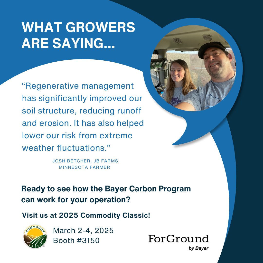 ForGround_Bayer's tweet photo. π¬ Real Results. Real Farmers. ForGround supports farmers adopting or expanding regenerative ag practices.π± Ready to see how the 2025 Bayer Carbon Program can work for you? Visit us at Commodity Classic, March 2-4!
#ForGround #CommodityClassic https://t.co/SXSUhk4mHF