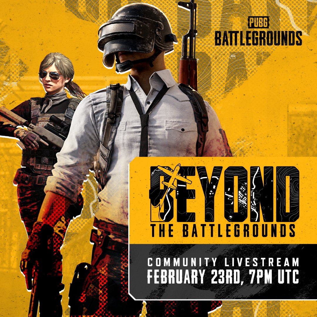 Time to go Beyond the Battlegrounds!
Join <a href="/Kruskayy/">Kruskay</a> &amp; <a href="/PUBG_TecK/">Dorian</a> as they host special guests <a href="/SashaBatulin/">BatulinS</a> &amp; <a href="/FaZe_jeemzz/">Jeemzz</a> for an action-packed livestream!
🔹 1v1 Arena Showmatch
🔹 Battle Royale Matches
🔹 G-Coin giveaways

📅 February 23rd, 19:00 UTC
📺 twitch.tv/PUBG_BATTLEGRO…