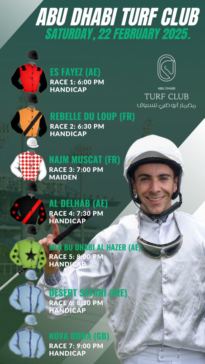 Bernardo Pinheiro (@jockeybpinheiro) on Twitter photo My rides today at <a href="/adturfclub/">ABU DHABI TURF CLUB</a> ๐๐ป
I wish all the best for everyoneโ๐ป๐๐ป๐๐ป
Race cards: emiratesracing.com/racecard/2025-โฆ My rides today at <a href="/adturfclub/">ABU DHABI TURF CLUB</a> ๐๐ป
I wish all the best for everyoneโ๐ป๐๐ป๐๐ป
Race cards: emiratesracing.com/racecard/2025-โฆ