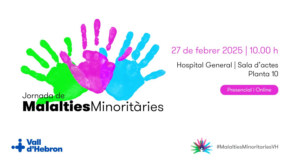 No et perdis la Jornada de Malalties Minoritàries que reunirà professionals, comunitat científica i pacients. T'esperem a Vall d'Hebron! 💙

📅 Dijous 27 de febrer
🕙 De 10:00h a 13:00h.
📍 Sala d'actes, planta 10 de l'Hospital.

ℹ️: vhc.cat/jornadaminorit…
