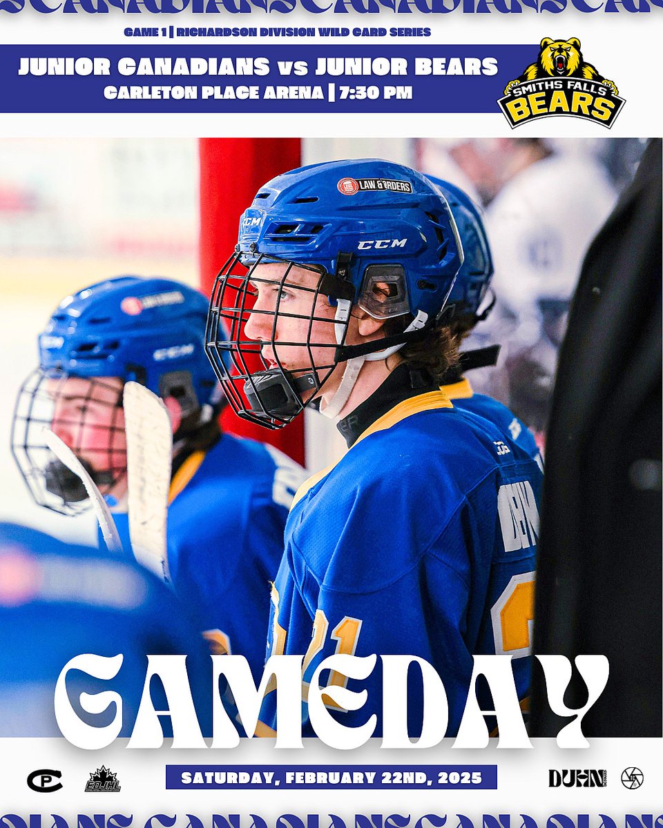 PLAYOFF GAMEDAY!

It’s game one of the Richardson Division Wild Card series tonight at the Carleton Place Arena! Pack the barn as the Junior Canadians face off against the Smiths Falls Junior Bears! 

🕣 7:30 PM
📍 CP ARENA

🔵🟡🔵
#CPC #BetterEveryDay