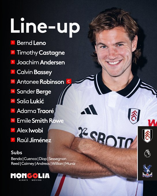XI: Leno, Castagne, Andersen, Bassey, Robinson, Berge, Lukić, Adama, Smith Rowe, Iwobi, Raúl

Subs: Benda, Cuenca, Diop, Sessegnon, Reed, Cairney, Andreas, Willian, Muniz