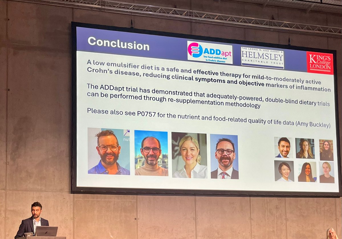 Kevin Whelan (@profwhelan) on Twitter photo Excited to announce results of our #ADDapt trial
After 6 years and the help of 154 people with #CrohnsDisease we prove that restricting #emulsifiers improves disease
Award winning presentation from <a href="/AaronBancil/">Aaron Bancil</a> at #ECCO25
Excited for next steps to help people with Crohns Excited to announce results of our #ADDapt trial
After 6 years and the help of 154 people with #CrohnsDisease we prove that restricting #emulsifiers improves disease
Award winning presentation from <a href="/AaronBancil/">Aaron Bancil</a> at #ECCO25
Excited for next steps to help people with Crohns