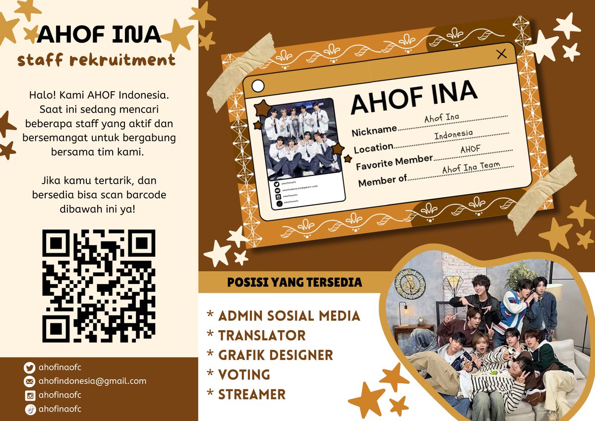 AHOFINAOFC's tweet photo. [ 📢 ] PEREKRUTAN STAFF ! 

Halo! ✨
Kami AHOF Indonesia saat ini sedang mencari staff yang aktif dan bersemangat untuk bergabung bersama kami. Kami sangat menantikan bekerjasama dengan kalian!

Jika kamu tertarik bisa scan barcode atau isi link di bawah ini ya! 👇 https://t.co/lwkYCVA28G