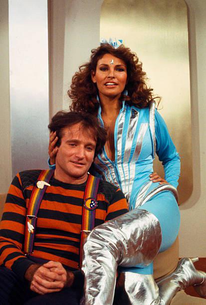 Robin Williams & Raquel Welch on the set of 'Mork and Mindy', 1979.