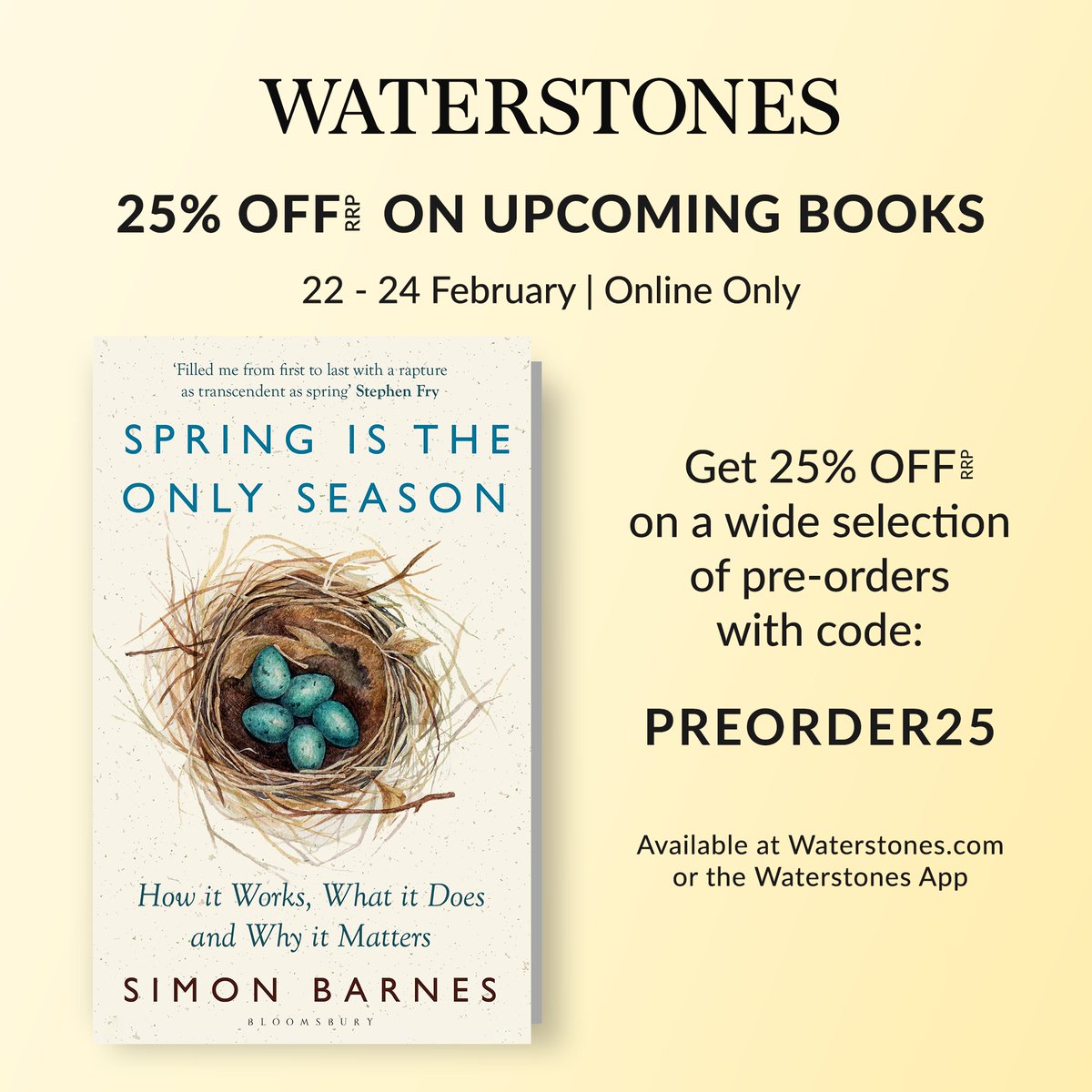 Bloomsbury Books UK (@bloomsburybooks) on Twitter photo <a href="/roopagulati/">Roopa Gulati</a> <a href="/johannhari101/">Johann Hari</a> Spring is the Only Season – <a href="/simonbarneswild/">Simon Barnes</a>
How Spring works, what it does and why it matters.
'As dynamic and ebullient as the season it celebrates... There is no one I'd rather spring into spring with than Simon Barnes' Kate Humble #WPreorder
waterstones.com/book/spring-is… <a href="/roopagulati/">Roopa Gulati</a> <a href="/johannhari101/">Johann Hari</a> Spring is the Only Season – <a href="/simonbarneswild/">Simon Barnes</a>
How Spring works, what it does and why it matters.
'As dynamic and ebullient as the season it celebrates... There is no one I'd rather spring into spring with than Simon Barnes' Kate Humble #WPreorder
waterstones.com/book/spring-is…