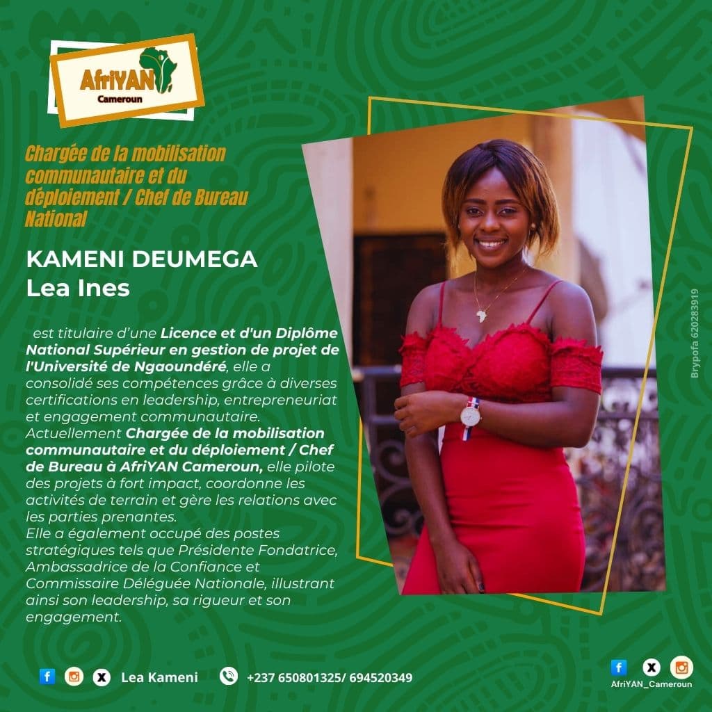 Découvrez Lea Ines KAMENI DEUMEGA,une leader inspirante qui fait une #ce dans notre communauté!Avec une solide formation en gestion de projet,elle pilote des projets à fort impact à AfriYAN 🇨🇲. Son leadership,rigueur &amp; engagement st une source d'inspiration!  #PutYoungPeopleFirst