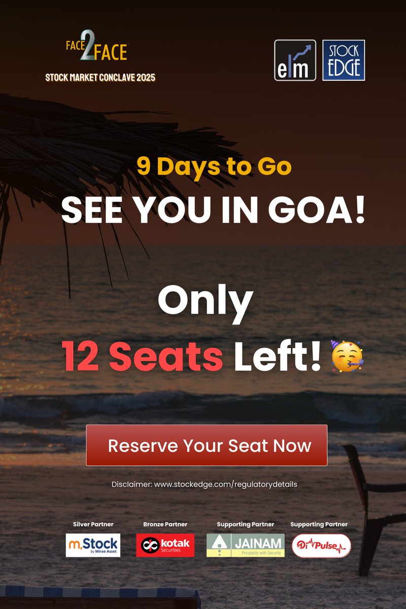 mystockedge's tweet image. Countdown's ON! 🏖️ 9 days to Goa!  Only 12 seats left for the Face2Face Stock Market Conclave 2025 power by @mstock_in, @kotakneo, @jainambroking &amp;amp; @OiPulse. #LetsNetwork

Reserve your spot now! 
🔗 elearnmarkets.com/goa?utm_source…