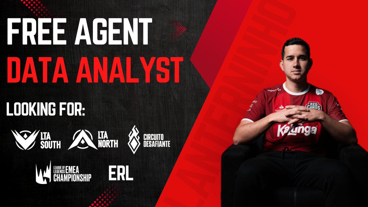 lanterninho's tweet photo. [FREE AGENT] Sigo ouvindo proposta para atuar como Analista de Dados. Após quase 3 anos de experiência na RED Canids (LTA Sul) estou pronto pra começar a trabalhar em um novo time. Para apresentação de portfólio, entrevista ou qualquer dúvida basta mandar DM. https://t.co/3MQZlxlr2O