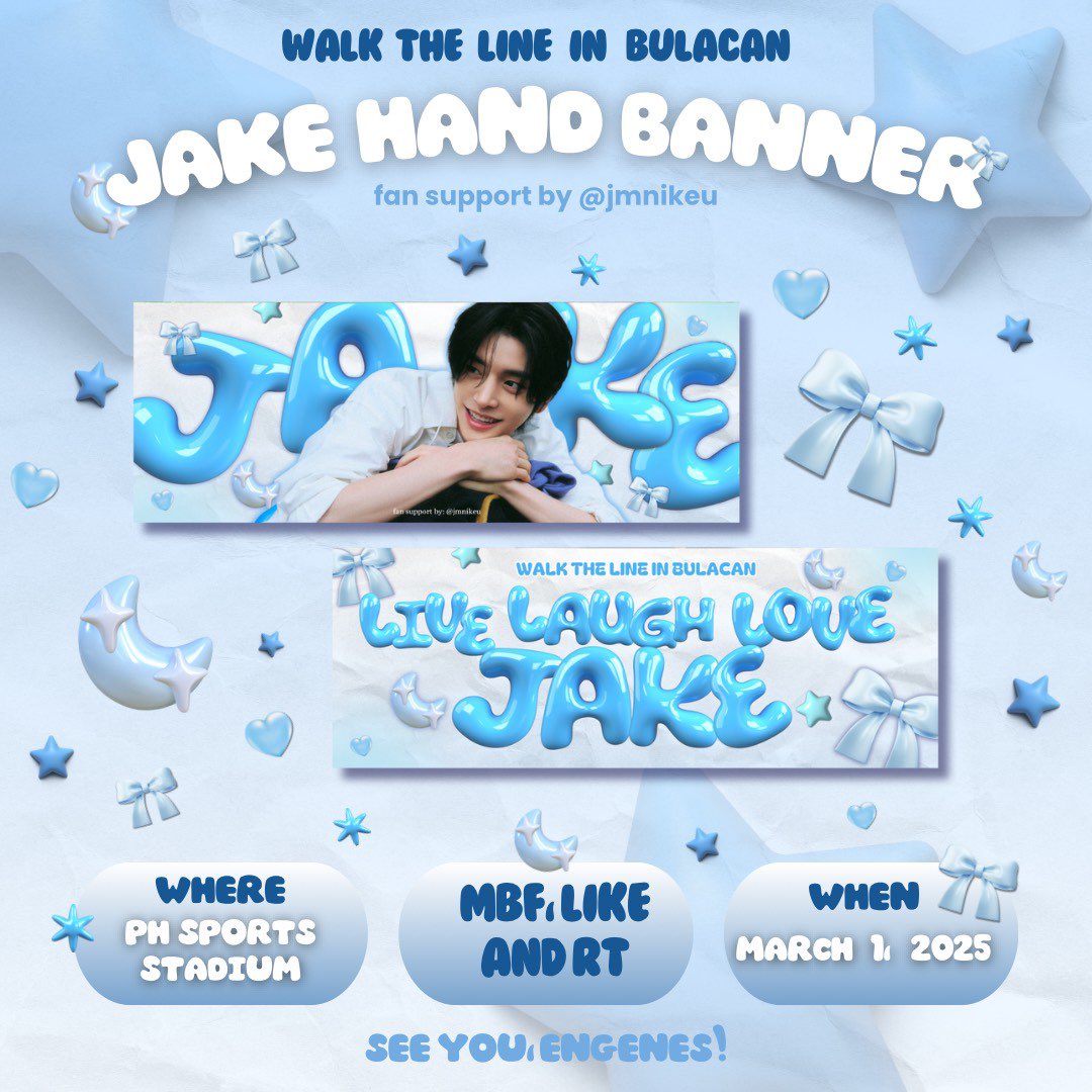 WALK THE LINE IN BULACAN FREEBIE ♡
╰ fan support by: <a href="/jmnikeu/">chie 🌼♡</a> 

hi! i'll be giving away JAKE hand banners on March 1, 2025 

-» like &amp; rt, mbf for updates
-» loc &amp; time: tba 
-» 1:1, limited qty only!

See you there, engenes! ♡ 
#ENHYPEN #JAKE 
#WALKTHELINE_IN_BULACAN