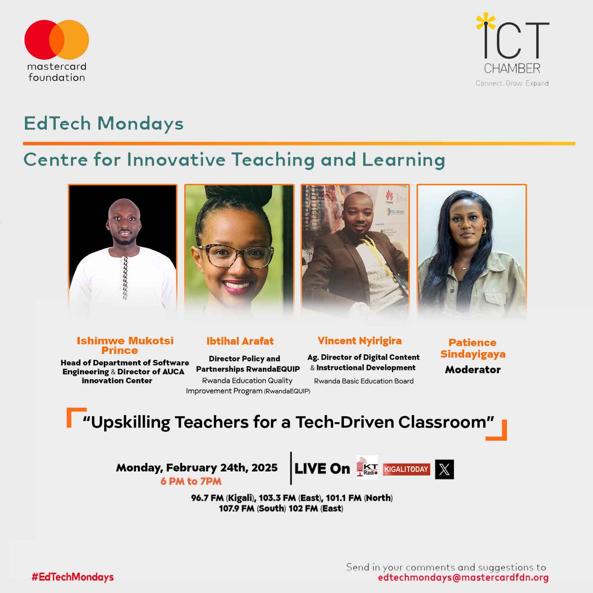 Rwanda ICT Chamber (@rwictchamber) on Twitter photo 🛑#DontMiss
The 1st #EdTechMondays in 2025 is on Monday, February 24, 2025 on <a href="/ktradiorw/">KT Radio</a> from 6PM.
This episode will feature <a href="/REBRwanda/">Rwanda Basic Education Board</a> <a href="/RwandaEQUIP/">RwandaEQUIP</a> and <a href="/AUCA_Rwanda/">Adventist University of Central Africa</a>, revolving around the theme "Upskilling Teachers for a Tech-Driven Classroom". Ensuring the success of 🛑#DontMiss
The 1st #EdTechMondays in 2025 is on Monday, February 24, 2025 on <a href="/ktradiorw/">KT Radio</a> from 6PM.
This episode will feature <a href="/REBRwanda/">Rwanda Basic Education Board</a> <a href="/RwandaEQUIP/">RwandaEQUIP</a> and <a href="/AUCA_Rwanda/">Adventist University of Central Africa</a>, revolving around the theme "Upskilling Teachers for a Tech-Driven Classroom". Ensuring the success of