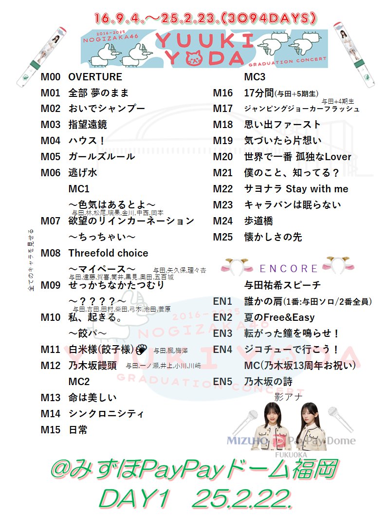 ❤️💚❤️💚❤️
#与田祐希卒業コンサート
in みずほPayPayドーム福岡 【DAY1】🐐
💚 ❤️💚❤️💚
＊セットリスト＊(25.2.22.)
#全部与田のまま