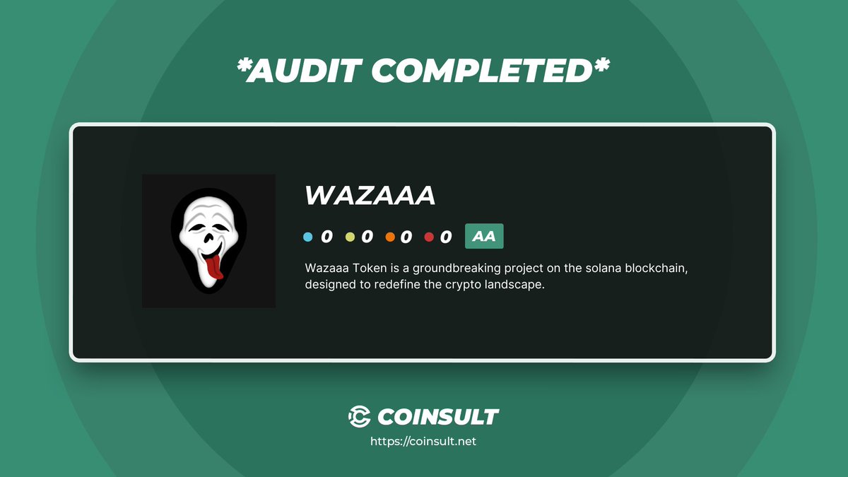 🔒 AUDIT COMPLETED FOR WAZAAA

🎁 GIVEAWAY: $10 &amp; 10K Tokens

1⃣ Follow <a href="/WazaaaSol/">Wazaaa</a> &amp; <a href="/CoinsultAudits/">Coinsult - Audits & Development</a>
2⃣ Like + RT this tweet
3⃣ Place a comment 💬

Go check out the full project page of Wazaaa 👇
coinsult.net/projects/wazaa…

#giveaway #audit #smartcontract #cryptogiveaway #crypto