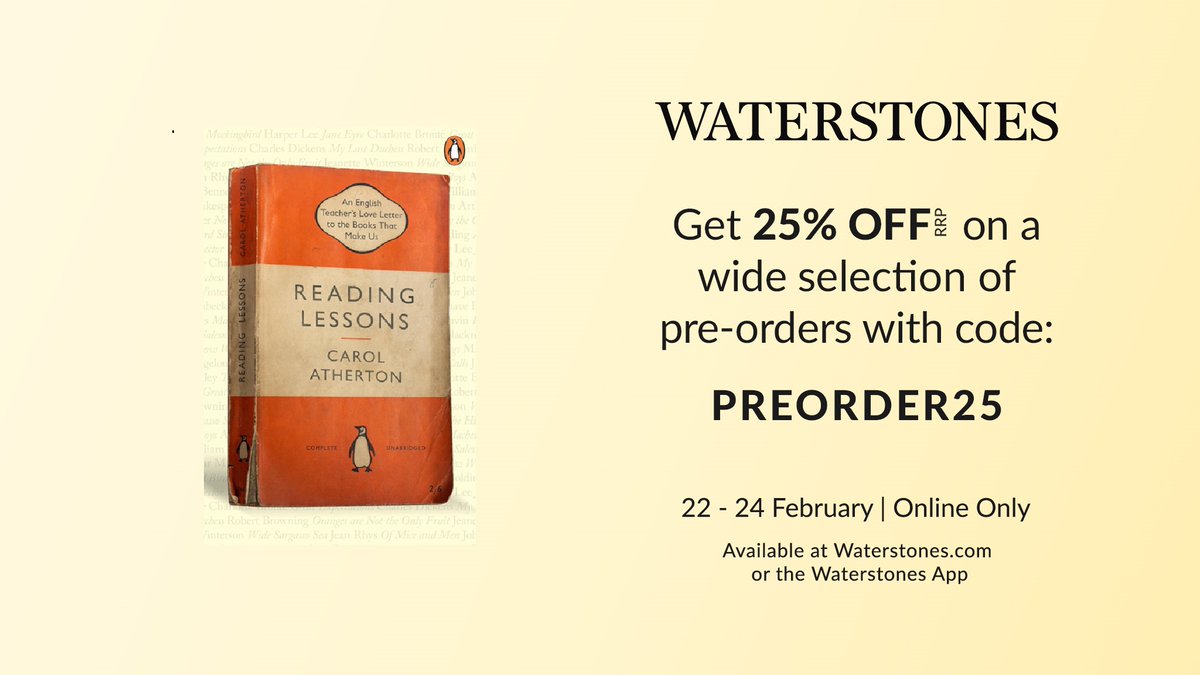 Carol Atherton (@carolatherton8) on Twitter photo The lovely people at <a href="/Waterstones/">Waterstones</a> are running a special offer this weekend: 25% off pre-orders of selected books! And #ReadingLessons is one of them! If you'd like to order the gorgeous new paperback (out on 6 March) then hop over to waterstones.com/campaign/25-ofā¦. The lovely people at <a href="/Waterstones/">Waterstones</a> are running a special offer this weekend: 25% off pre-orders of selected books! And #ReadingLessons is one of them! If you'd like to order the gorgeous new paperback (out on 6 March) then hop over to waterstones.com/campaign/25-ofā¦.