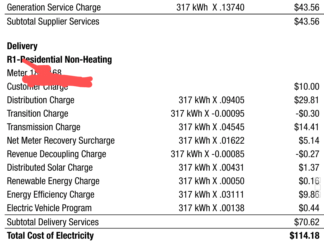 xiaowang1984's tweet image. Wow I hadn't paid attention but our distribution charge is up to 22.2c a kwh with seperate line items for Energy Efficiency, Renewable Energy and Distributed solar, Net Metering and Electric Vehicles. On top of 13.7c k supply we are at a cool 36c a kwh. Who is screaming about…