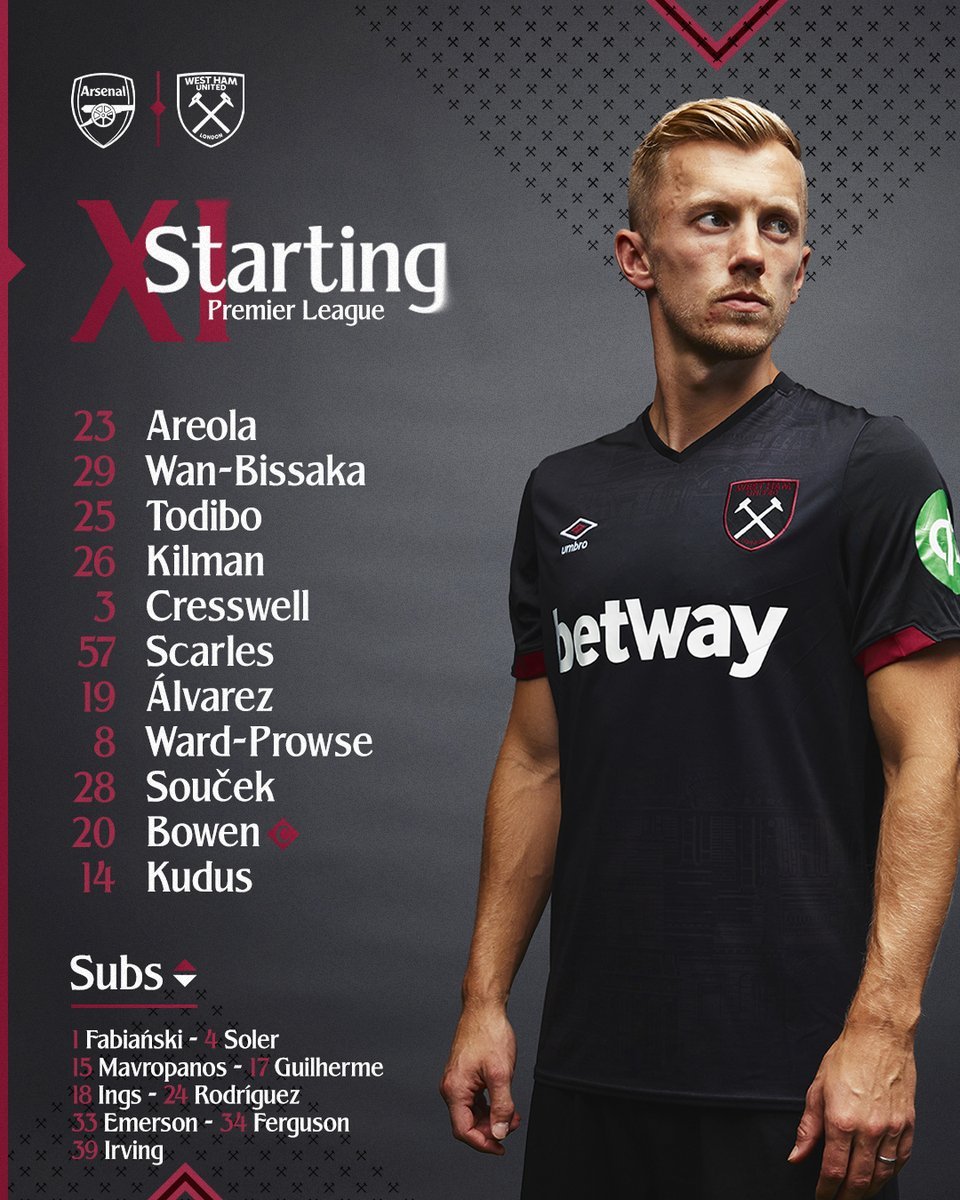Viralitity's tweet photo. Arsenal and West Ham XI: 

Arsenal - Arsenal: Raya,Timber, Saliba, Gabriel, Lewis-Skelly, Ødegaard, Partey, Rice, Nwaneri, Trossard, Merino

West Ham - West Ham: Areola, Wan Bissaka,Todibo, Killman,Cresswell,Scarles, Alvarez, Ward-Prowse, Soucek, Bowen, Kudus https://t.co/3zyuO7hSg5