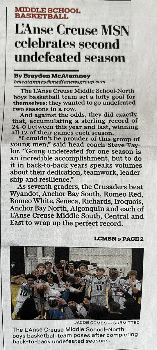 Thank you, <a href="/bradymcat/">Brady McAtamney</a> and <a href="/macombdaily/">The Macomb Daily</a> for the article on our LCN Middle School team.  

Thank you to Coach Taylor and our coaching staff. 

24-0 Boys!  Proud of this team and what we accomplished.  Excited for the next chapter!

macombdaily.com/2025/02/19/lan…