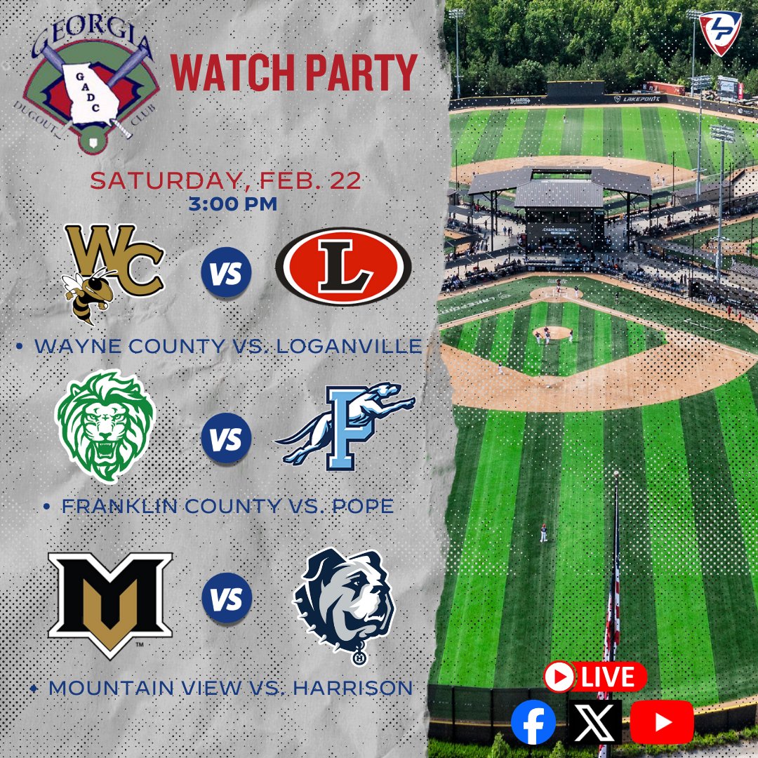 LakePoint Sports (@lakepointsports) on Twitter photo .<a href="/gdcbaseball/">Georgia Dugout Club</a> Watch Party, ๐๐๐ฉ๐ from LakePoint Sports
โพ๏ธ <a href="/WayneCoBaseball/">Wayne County Baseball</a> ๐ <a href="/LHSdevilball/">Loganville Baseball</a>
โพ๏ธ <a href="/FCLionsBaseball/">Franklin County High School (GA) Baseball</a> ๐ <a href="/Pope_Baseball/">Pope Baseball</a>
โพ๏ธ <a href="/mtnviewbaseball/">MTN VIEW BASEBALL</a> ๐ @HHoyaBasebal
๐
Saturday
โฐ 3 PM ET
๐๏ธ <a href="/coryjmccartney/">Cory McCartney</a>, <a href="/IanSmittyGA/">Ian Smith</a>, <a href="/Avery_Hunt20/">Avery Hunt</a> & <a href="/GraysonRosen/">Grayson Rosen</a>
๐บ Free on Facebook, .<a href="/gdcbaseball/">Georgia Dugout Club</a> Watch Party, ๐๐๐ฉ๐ from LakePoint Sports
โพ๏ธ <a href="/WayneCoBaseball/">Wayne County Baseball</a> ๐ <a href="/LHSdevilball/">Loganville Baseball</a>
โพ๏ธ <a href="/FCLionsBaseball/">Franklin County High School (GA) Baseball</a> ๐ <a href="/Pope_Baseball/">Pope Baseball</a>
โพ๏ธ <a href="/mtnviewbaseball/">MTN VIEW BASEBALL</a> ๐ @HHoyaBasebal
๐
Saturday
โฐ 3 PM ET
๐๏ธ <a href="/coryjmccartney/">Cory McCartney</a>, <a href="/IanSmittyGA/">Ian Smith</a>, <a href="/Avery_Hunt20/">Avery Hunt</a> & <a href="/GraysonRosen/">Grayson Rosen</a>
๐บ Free on Facebook,