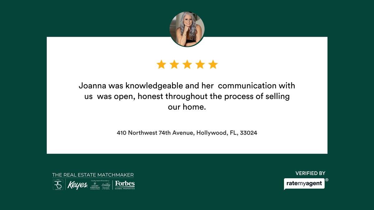 JgMatchmaker's tweet photo. My latest RateMyAgent review in Hollywood.
5 Communication and professionalism ★★★★★
🛌 2 🛀 1 🚘 1
https://t.co/RQgotXytPm

JOANNA GUZMAN - 𝗧𝗛𝗘 𝗥𝗘𝗔𝗟 𝗘𝗦𝗧𝗔𝗧𝗘 𝗠𝗔𝗧𝗖𝗛𝗠𝗔𝗞𝗘𝗥 | Commercial and Residential Real Estate , ABR, PSA, CDS, Relocation... https://t.co/LDTiD7BHjV